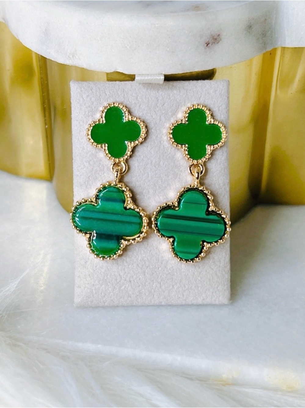 18k Gold-Tone Green Malachite Clover Drop Earrings NWT
